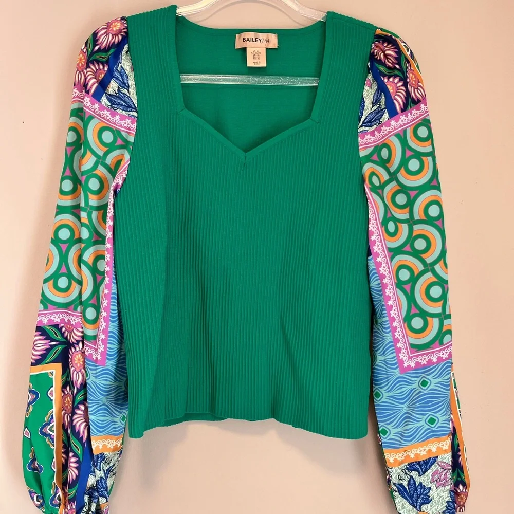 Bailey 44 Green Ribbed Knit Boho Satin Ballon Sleeves Top sz XL - Picture 3 of 12